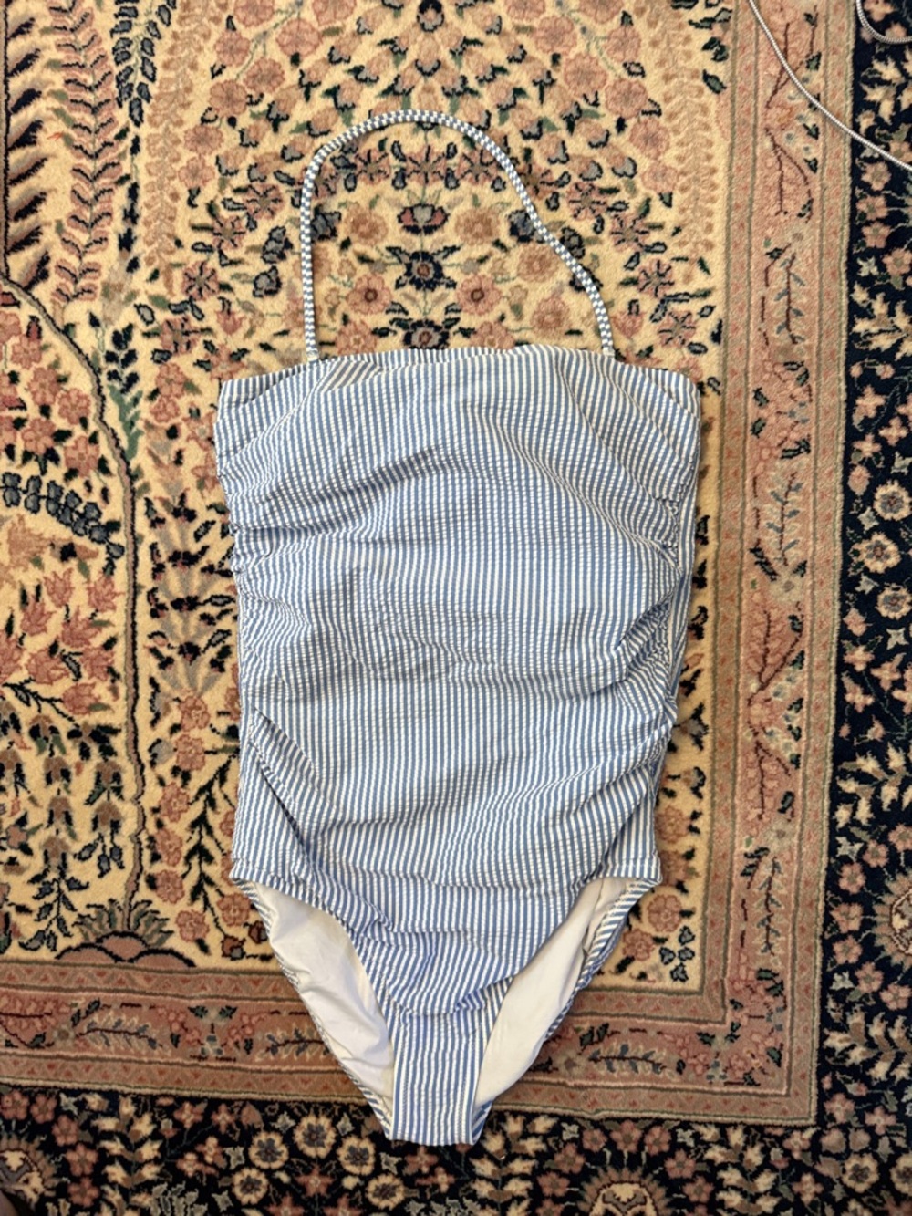 J. Crew Light Blue & White Seersucker One-Piece size 10 strapless or halter